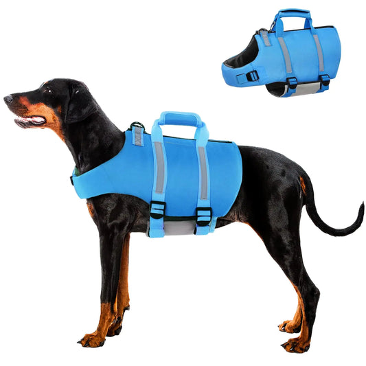 SAWMONG Dog Life JacketDog Swimming Vest with Ripstop and High Flotation for Small Medium Large DogsReflective Lightweight Dog Life Preserver with Rescue Handle for Swimming Boating Blue XS