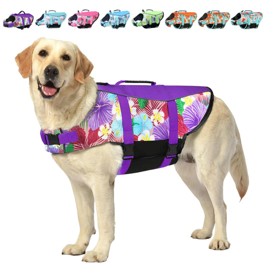 Dog Life Jacket Vest Swimming Adjustable Puppy Life Vests Ripstop Life Jackets for Small Medium and Large Dogs High Visibility Flotation with Rescue Handle for Water Swim Boating Hunting（L